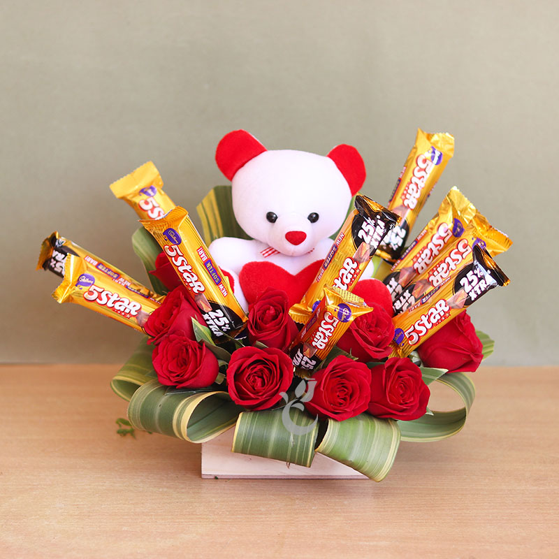 red roses teddy five star chocolates bouquet